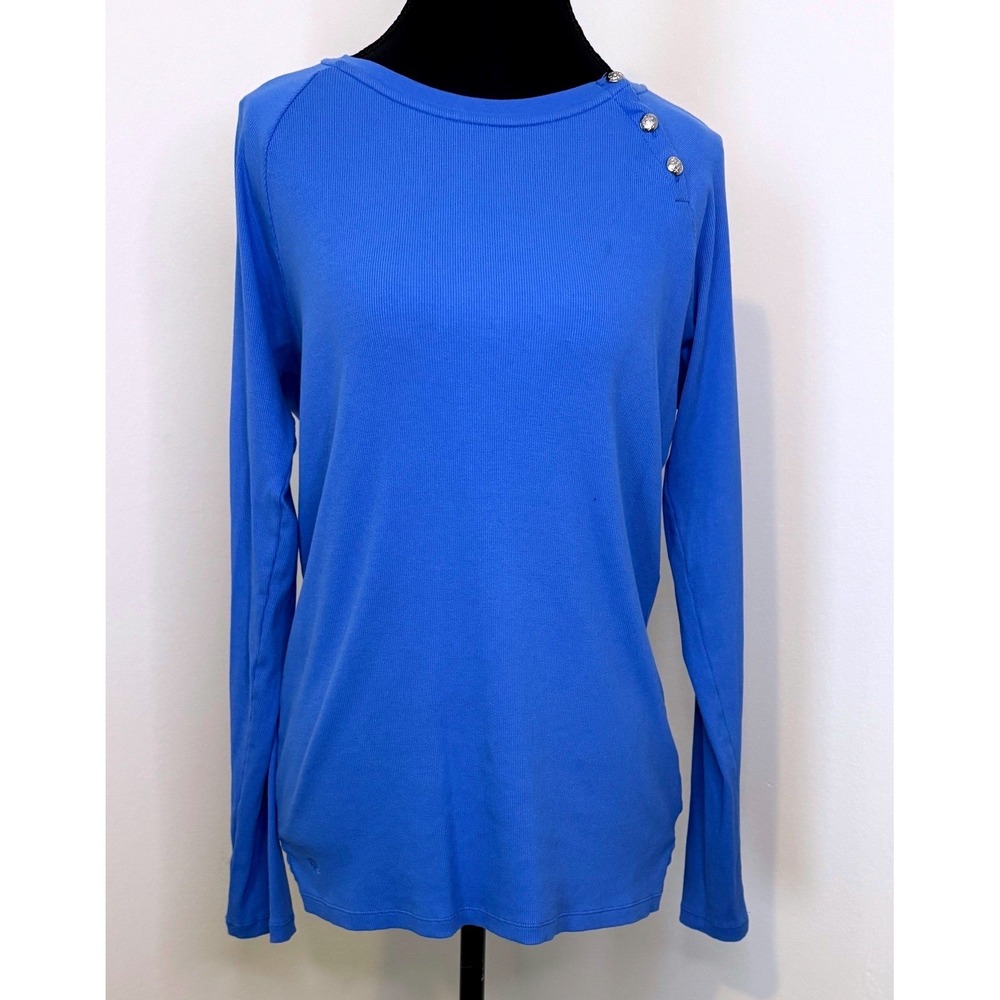 Ralph Lauren‎ Blue Ribbed Long Sleeve Top Silver Button Shoulder Raglan RL Logo